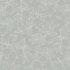 Seamless pattern. Pomegranate tree branches with fruit. White outlined vector illustration on dark blue background