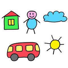 Set of doodle style vector illustrations. Hand drawn icons for design or decor. Cartoon house, man, cloud, bus and sun. Prints for kids and children. Colorful illustration