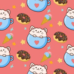 seamless pattern with cats, cappuccino, ice cream cones, donuts and stars. This cute cheerful pattern is perfect for children