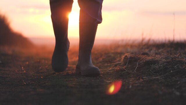 Farmer goes with rubber boots along green field. Rubber boots for work use. A worker go with his rubber boots at sunset time. Concept of agricultural business. Steadicam video