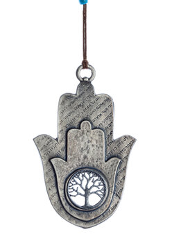 Hamsa (Hand of Fatima) isolated on white background. Decorative silver amulet for protection from the evil eye.
