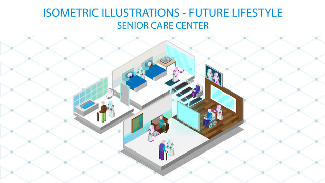 Senior home with robots as worker. The Future world series of isometric illustration in detail.
