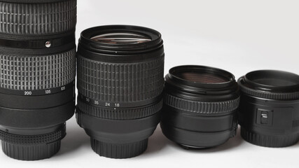 different types of camera lenses. photographer's equipment