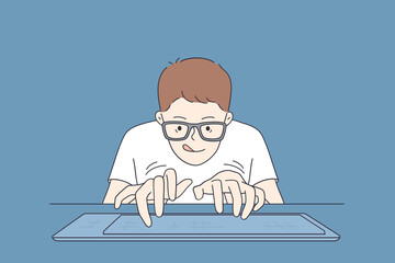 Playing video games concept. Portrait of young student playing video game crazy geek in glasses typing on keyboard vector illustration  - obrazy, fototapety, plakaty