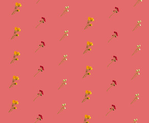 pattern made with yellow, red and white roses on pink background. summer tropical abstract art. summer sunny background.