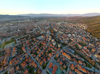 Aerial sunset panorama of town of Petrich, Bulgaria