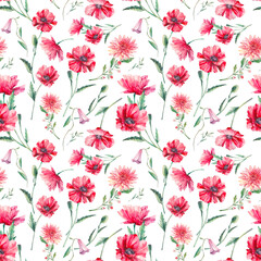 Red poppy flowers seamless pattern. Hand painted repeating background with floral elements on white background. Botanical texture
