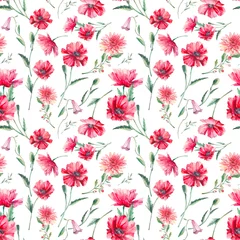 Fototapeten Red poppy flowers seamless pattern. Hand painted repeating background with floral elements on white background. Botanical texture © ldinka