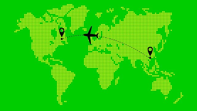 the plane flies along a trajectory from Asia to America. Airplane travel. Airplane fly from right to left. Yellow world map from point pattern on a green background.