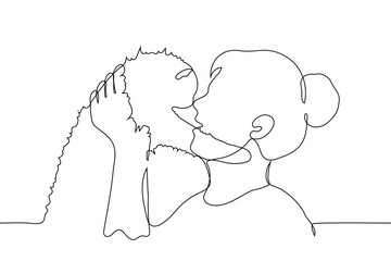 woman pokes her nose into the nose of a fluffy cat - one line drawing vector. female pet owner holding kitten