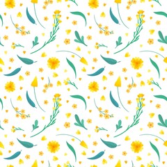 Fototapeta na wymiar Yellow flowers and leaves seamless pattern. Blossoms floral decorative backdrop. Blooming spring plants. Vintage textile, fabric, wallpaper design on a white background