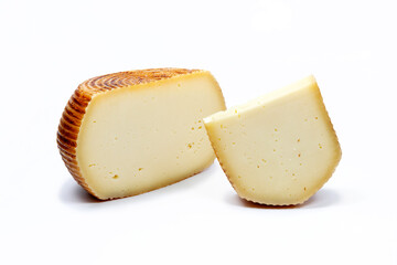 a piece of pecorino cheese with cheese shape in white background
