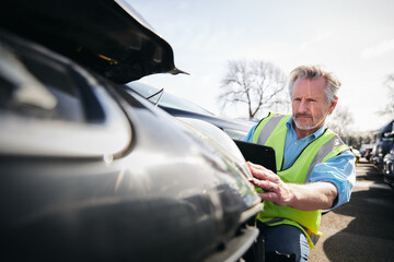 Mature Male Loss Adjuster With Digital Tablet Assessing Insurance Claim In Car Pound