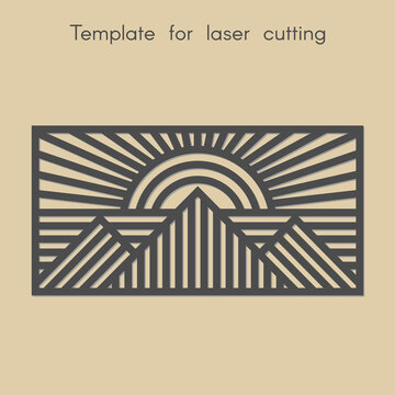 Template for laser cutting. Stencil for panels of wood, metal. Geometric abstract picture with sun and mountains for cut. Vector illustration. Decorative stand.