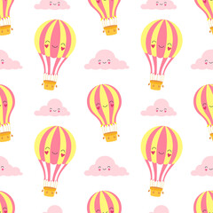 Seamless pattern flying balloons and clouds are smiling. Cartoon print for textiles, wrapping, fabric, wallpaper.