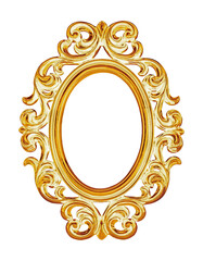 Golden oval frame for paintings, mirrors or photo isolated on white background. Design element with clipping path