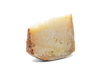 a piece of aged pecorino cheese in white background