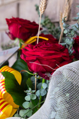 Tarragona, Spain - April 28, 2021: Roses to celebrate Sant Jordi day, the day of the book and the rose in Catalonia.