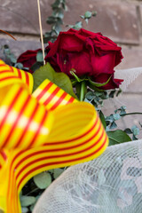 Tarragona, Spain - April 28, 2021: Roses to celebrate Sant Jordi day, the day of the book and the rose in Catalonia.