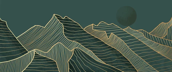 Fotobehang Mountain line art background, luxury gold wallpaper design for cover, invitation background, packaging design, wall art and print.  © TWINS DESIGN STUDIO