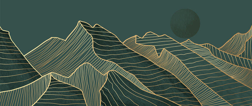Mountain line art background, luxury gold wallpaper design for cover, invitation background, packaging design, wall art and print. 