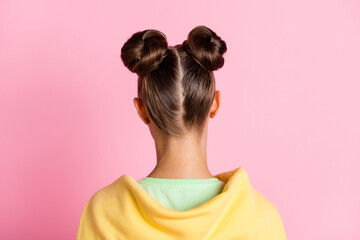 Back rear spine view photo of young woman wear yellow jumper on shoulder isolated on pastel pink color background