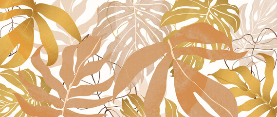 Gold Tropical leaves background vector. Wallpaper design with golden line art texture from palm leaves, Jungle leaves, monstera leaf, exotic botanical floral pattern. © TWINS DESIGN STUDIO