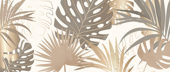 Gold Tropical leaves background vector. Wallpaper design with golden line art texture from palm leaves, Jungle leaves, monstera leaf, exotic botanical floral pattern. © TWINS DESIGN STUDIO