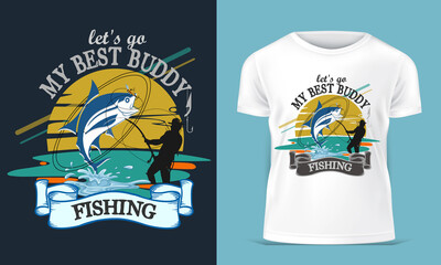 Creative for fishing t-shirt, poster, label, emblem print. With fish and mountain, lake vector.
