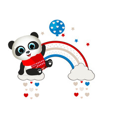 Cute cartoon animal panda with blue balloon on the rainbow. Vector illustration. Perfect for greeting cards, party invitations, posters, stickers, kids clothing.