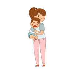 Young Mother Holding Her Crying Baby Boy with Arms and Hugging Him Vector Illustration