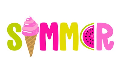 Hello Summer - Hand drawn ice cream and watermelon illustration with summer word. Holiday color poster. Good for scrap booking, posters, greeting cards, banners, textiles, gifts, shirts, mugs.