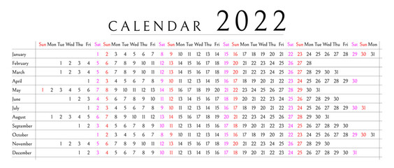 Mockup Simple calendar Layout for 2022 year. Week starts from Sunday