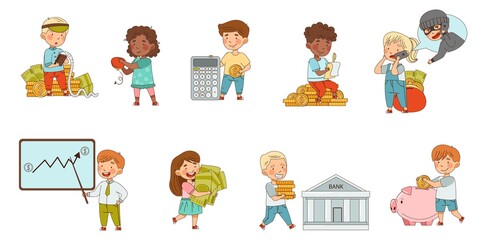 Little Children Carrying Money on Bank Deposit and Counting Cash Vector Set