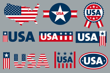 USA logo sticker. Label for patriot american flag and special symbols for vector USA stamps design