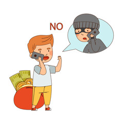 Little Boy with Money in Wallet Saying No to Fraud Vector Illustration