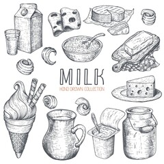 Milk products collection. Hand drawn elements. Vector illustration.