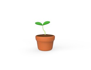Little Green Sprout in a pot isolated white background. 3D render model design.