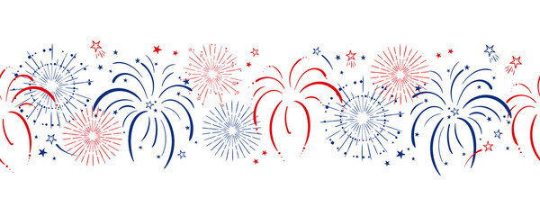Fun hand drawn firework seamless pattern in red, blue white colors, party background, great for Independence day, fabrics, banners, wallpapers, wrapping - vector design