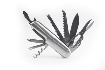 Swiss many task army knife. Multi tool pocket knife.