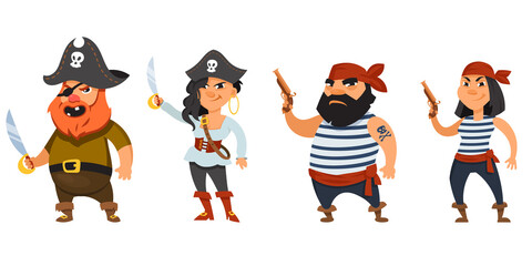 Male and female pirates holding weapons. Funny characters in cartoon style.