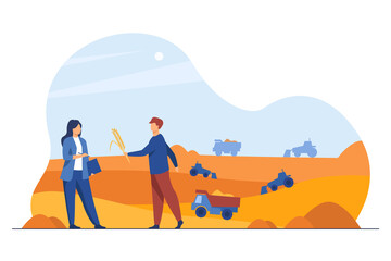Farmer giving ear of grain to businesswoman. Construction machinery altering landscape flat vector illustration. Agriculture, construction work concept for banner, website design or landing web page - obrazy, fototapety, plakaty