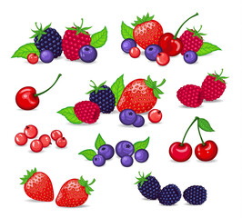 Berries Set Vector Illustration. Strawberry, Blackberry, Blueberry, Cherry, Raspberry, Red currant. Berries and their Combinations Set