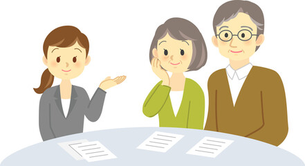 イラスト素材:スーツを着た女性と老夫婦が明るい表情で会話をする場面　 契約　相談　打ち合わせ
