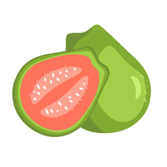 Obraz premium Hand drawn guava, whole and slice. Summer tropical fruit and half, healthy vitamin C source. Illustration isolated on white.