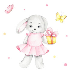 Fototapeta na wymiar Cute bunny in pink dress with yellow gift; watercolor hand drawn illustration; can be used for baby shower or postcards; with white isolated background