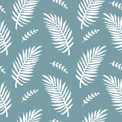 Fototapeta na wymiar Modern minimalist abstract seamless pattern with tropical white palm leaves on blue background. Creative contemporary design. Vector illustration