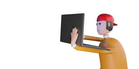 Cartoon Character 3d rendering: Man point to Laptop on White Background