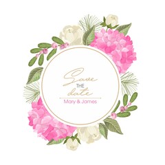 Wedding card with Hydrangea flower. Branches and different flowers. Vector illustration.