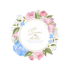 Wedding card with Hydrangea flower. Branches and different flowers. Vector illustration.
